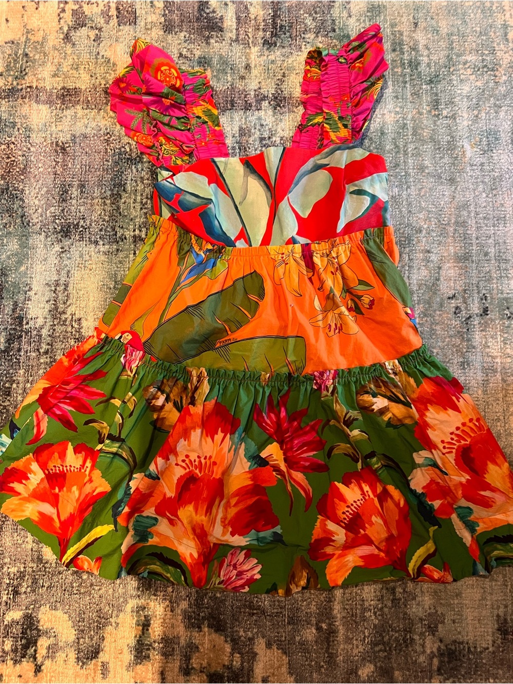 FARM Rio Pink Orange Green Floral Ruffle-Strap Mini Dress